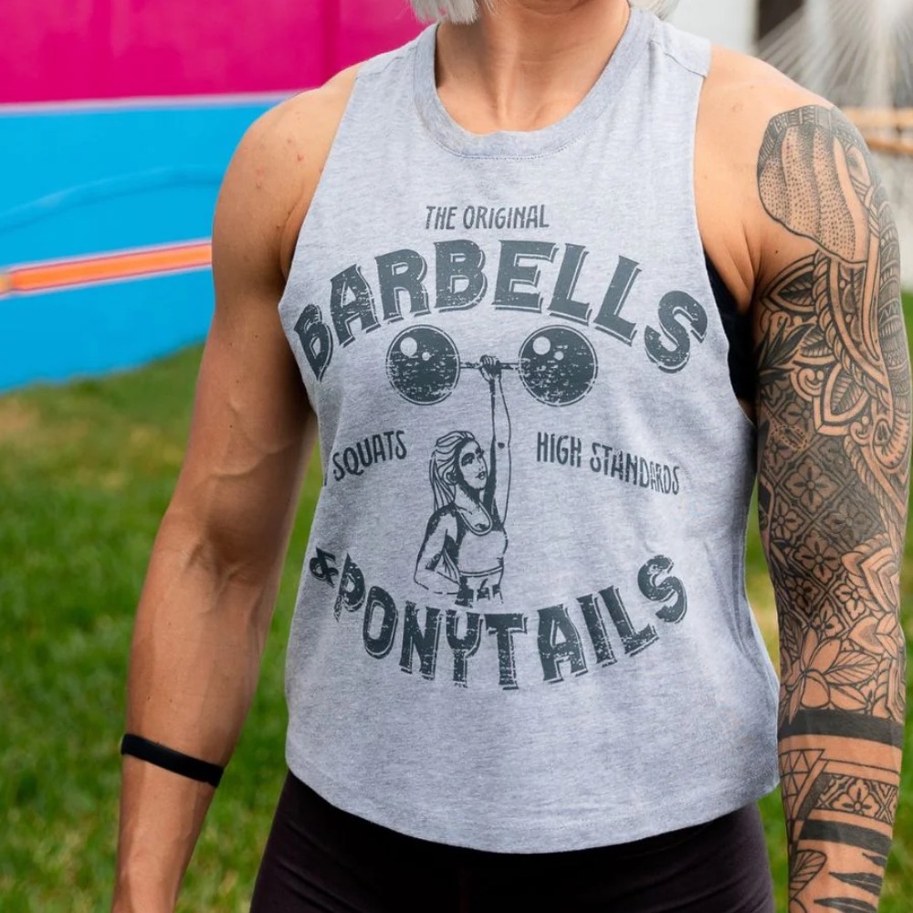 Barbells & Ponytails Heather Gray Strong Woman Racer Top Size S